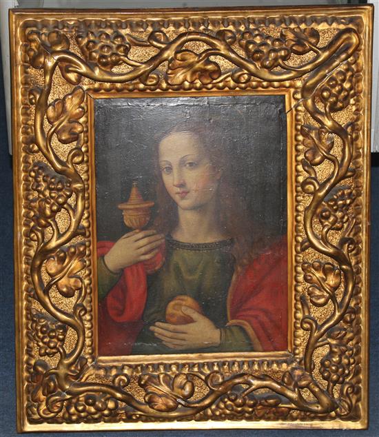Follower of Fra Bartolomeo Virgin holding a chalice and fruit, 15.5 x 11.5in.. later vineous carved frame